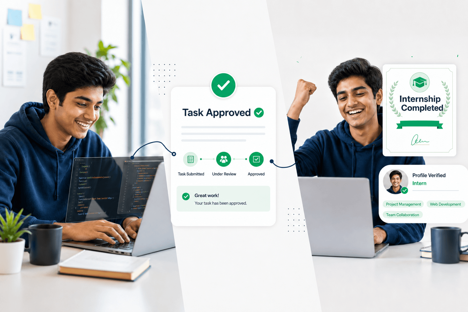 Student completing an internship — submitting proof, getting tasks approved, and earning verified completion